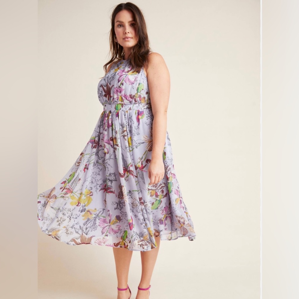 Anthropologie Lavender Floral Midi Dress